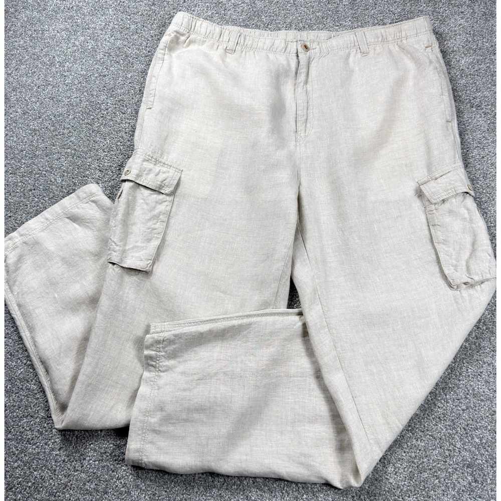 Tommy Bahama Relax Linen Cargo Pants Men XL Beige Drawstring Beach Casual